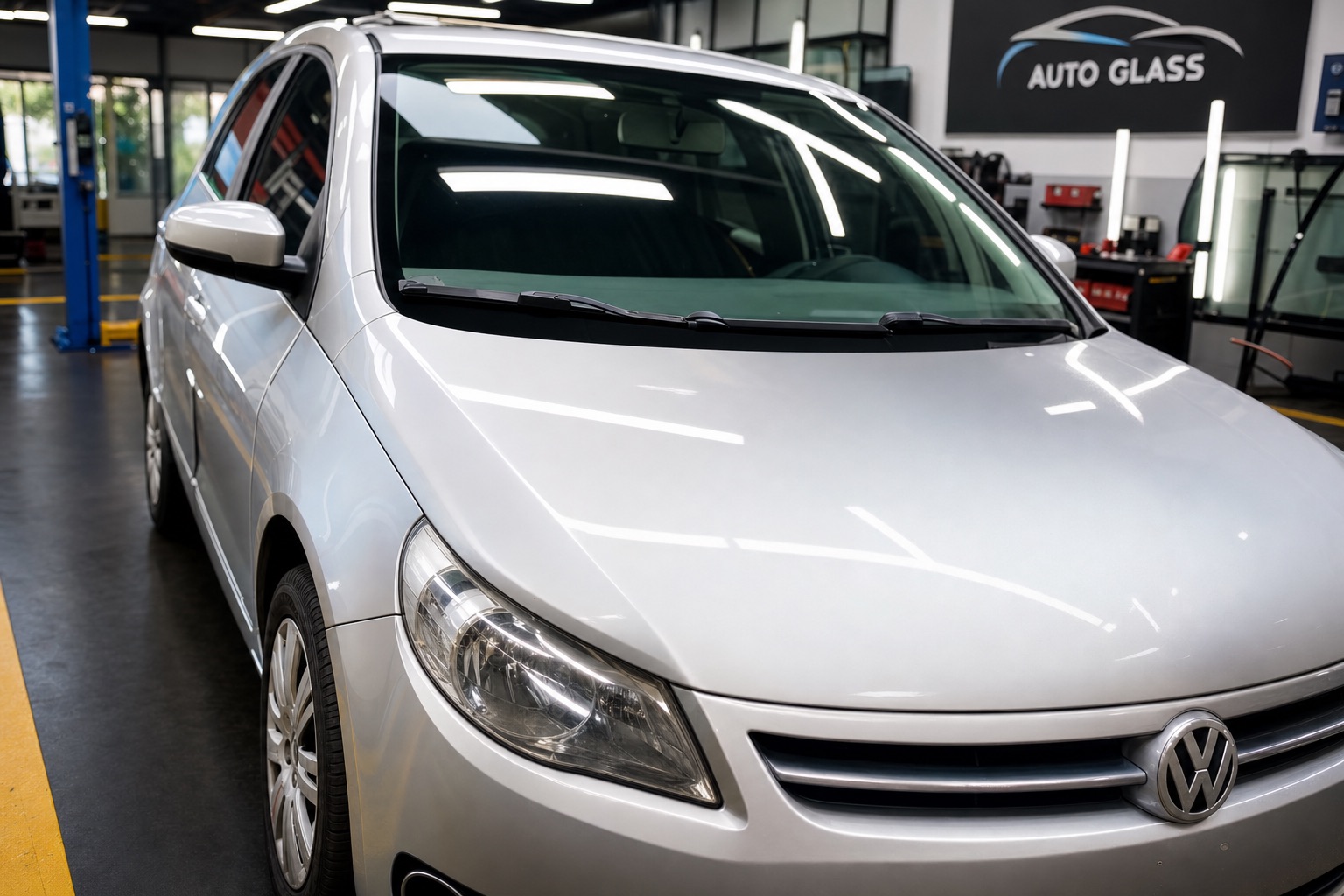 Carro com para-brisa novo em oficina especializada